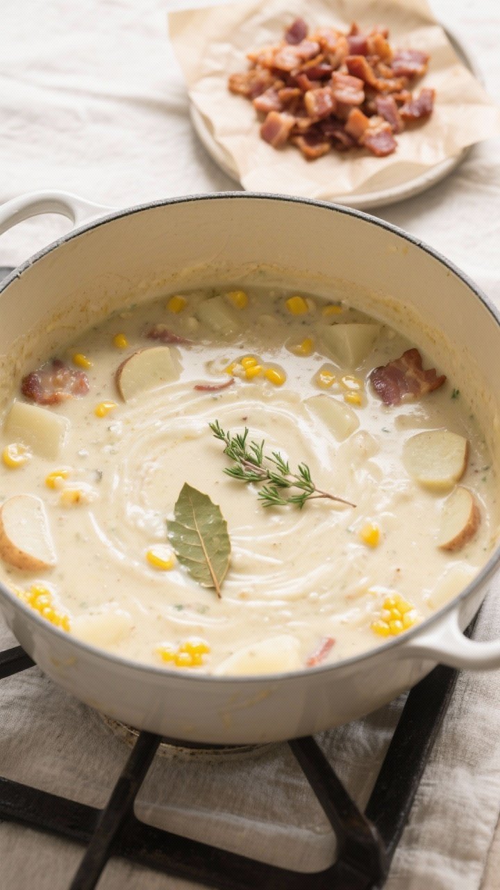 Cooking process: The chowder mid-simmer in a wide, enameled pot after partial blending—creamy base