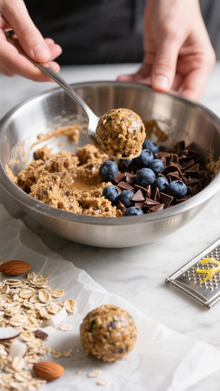 Cooking process: The energy-bite mixture in a stainless bowl just after folding in freeze-dried blue