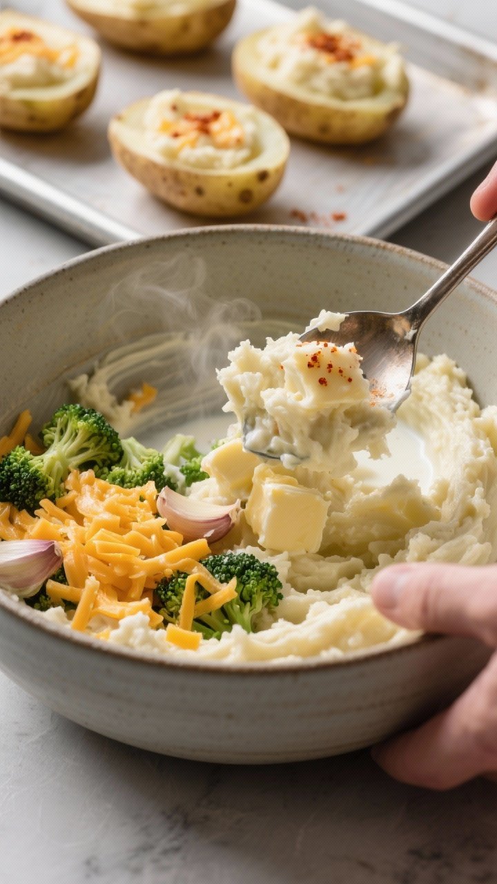 Cooking process: The mashed filling being folded together in a wide, matte ceramic bowl—steamy pot