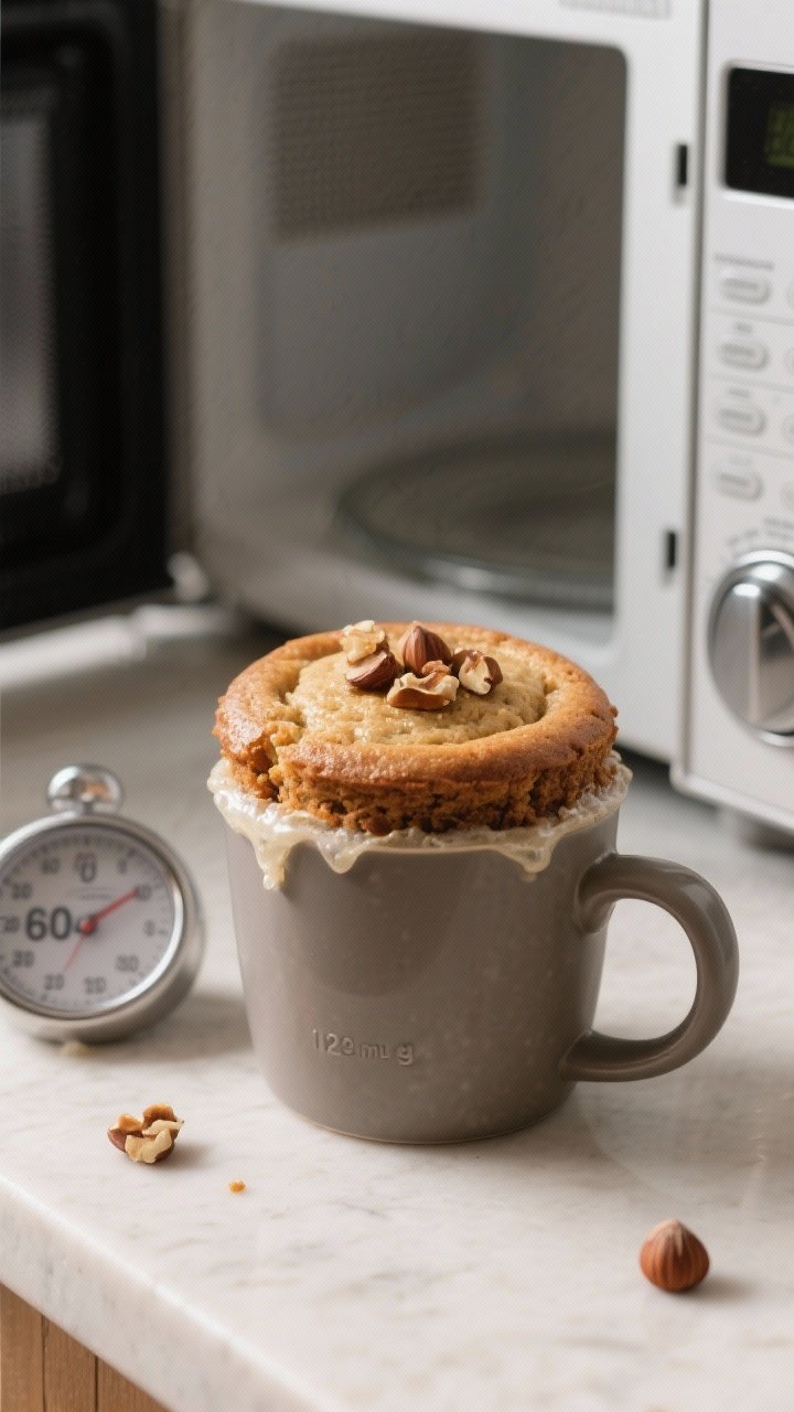Cooking process: The mug cake mid-cook stage after resting, set around the edges with a glossy cente