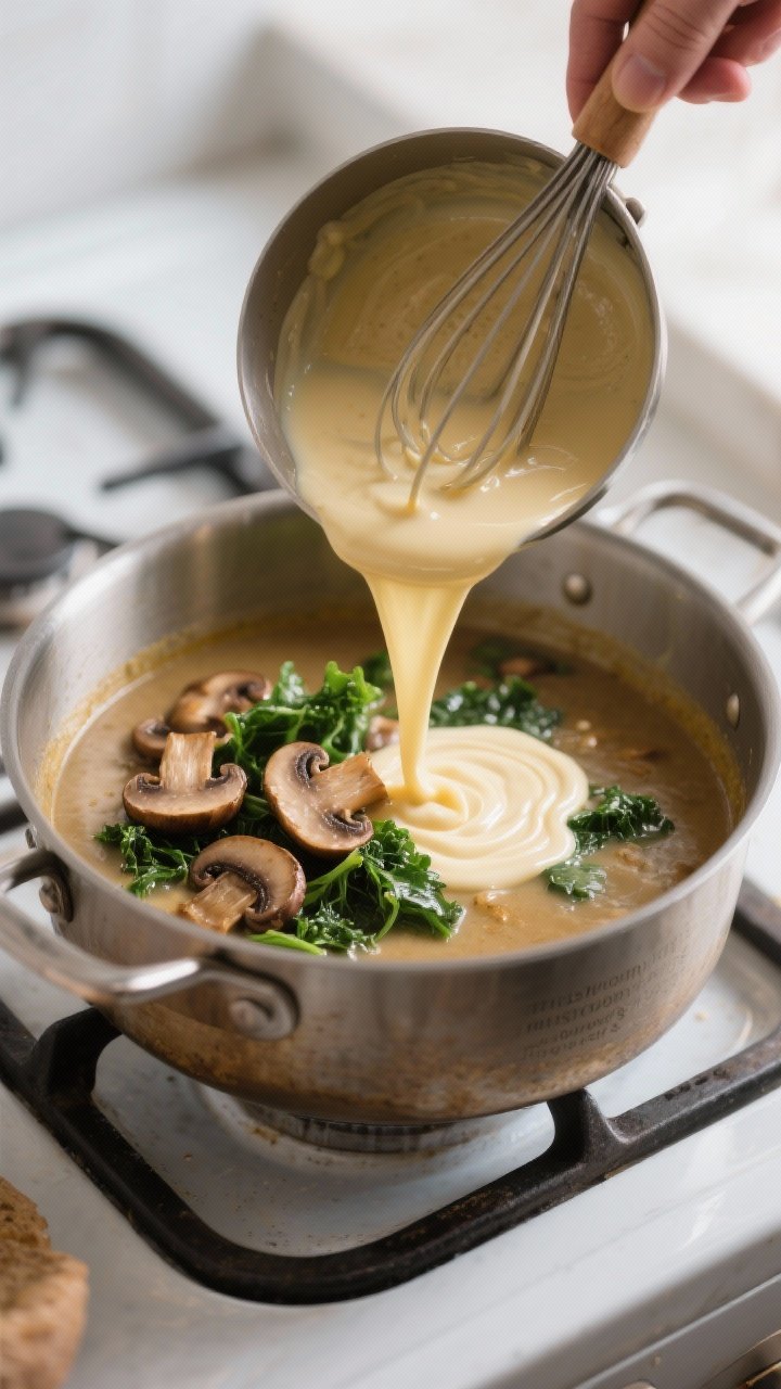 Cooking process: The roux-to-cream transformation in action—golden roux being whisked with warm mi