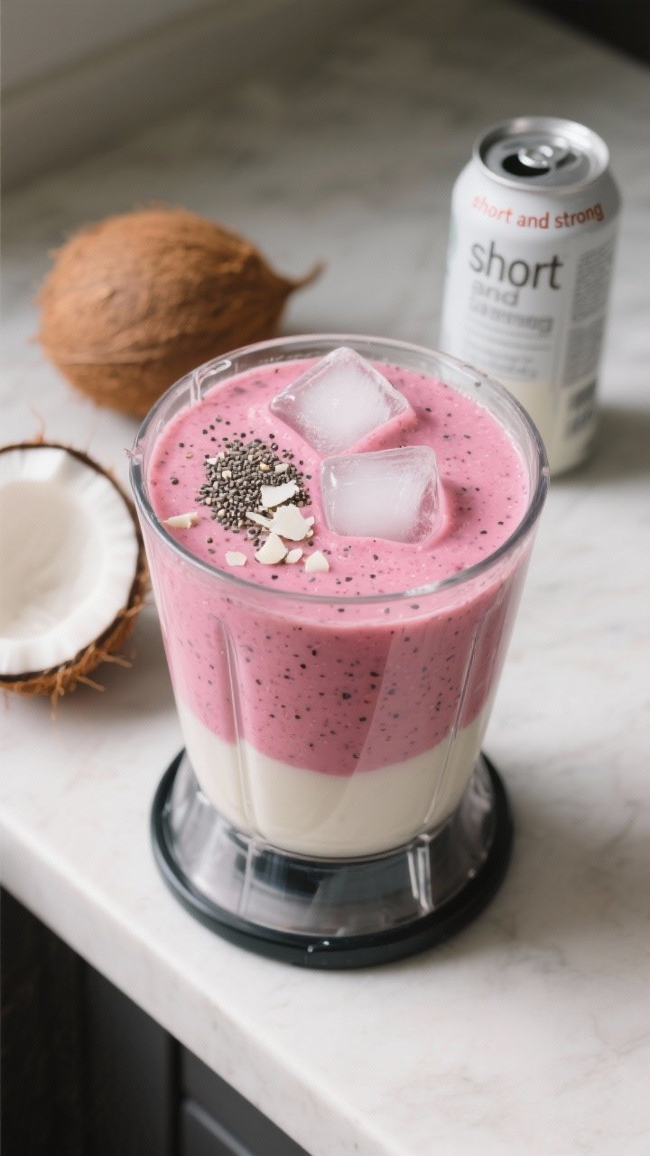 Cooking process: The smoothie mid-blend in a high-speed blender, showing layered liquids and blended