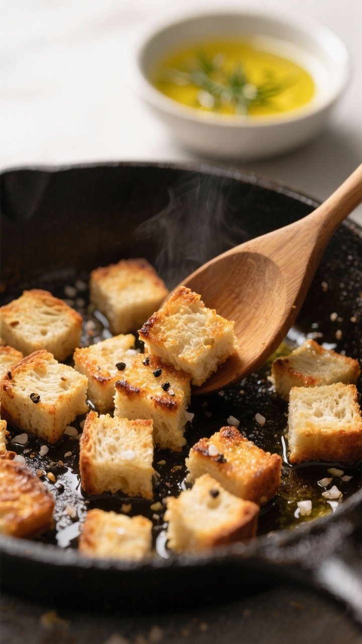 Cooking process — Toasted bread cubes: Close-up of golden, crisp sourdough bread cubes sizzling in