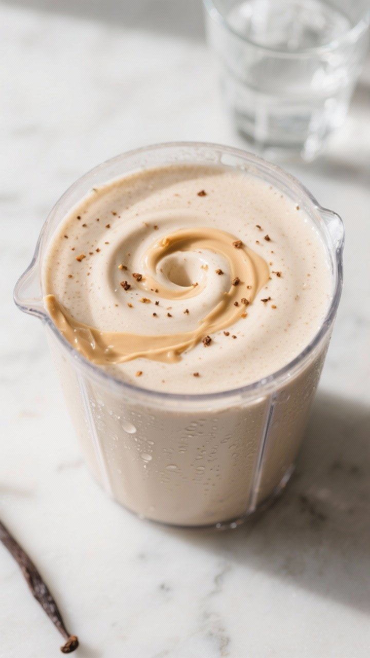 Cooking process — Vanilla Chai Protein Smoothie mid-blend: close-up of a transparent blender jar f