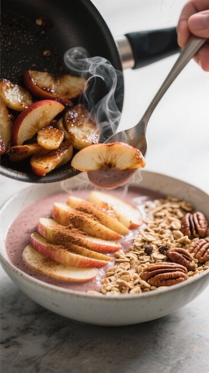 Cooking process: Warm-cool contrast topping moment—sautéed cinnamon apples just off the pan being