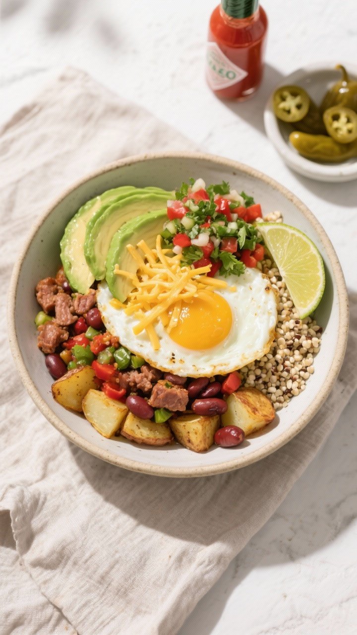 Final bowl, overhead hero: Overhead shot of a fully assembled Protein-Packed Breakfast Burrito Bowl,