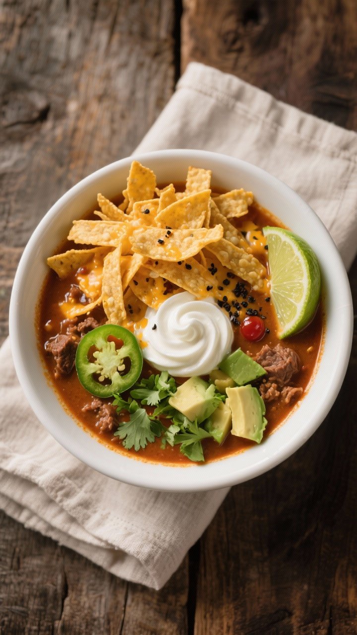 Final bowl top-down: Overhead shot of a finished bowl of Beef Enchilada Soup, garnished with a gener