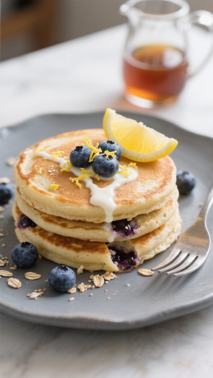 Final dish, brunch-ready: Three fluffy blueberry protein pancakes plated neatly with a lemon-blueber