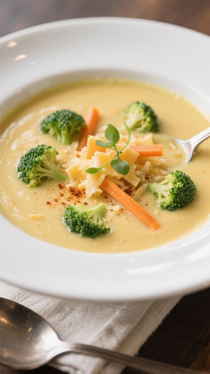 Final dish, close-up glamour shot: Luxuriously smooth broccoli cheddar soup ladled into a wide white