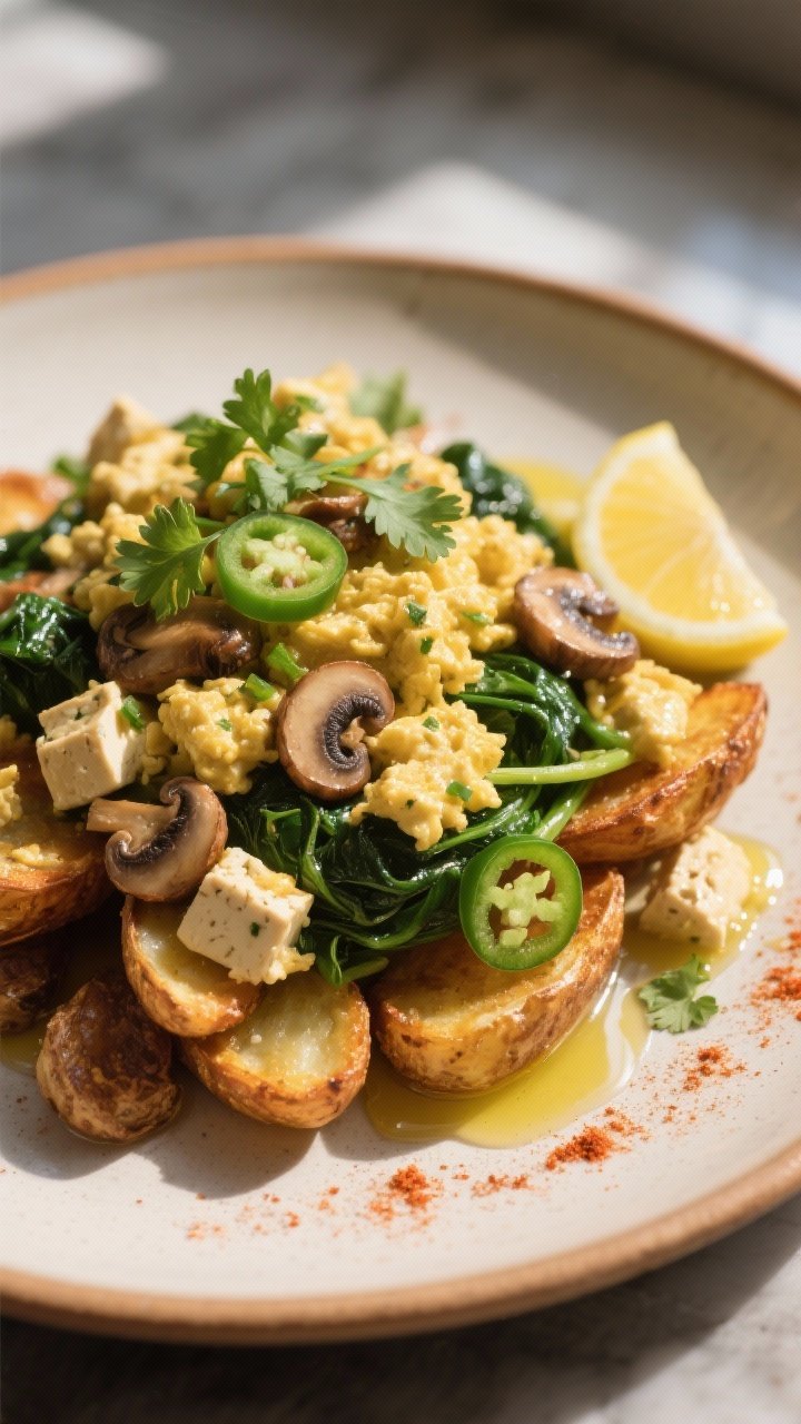 Final dish glamor plate: Restaurant-quality presentation of the tofu scramble served over crispy bre