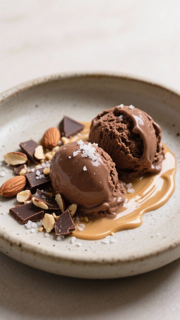 Final dish glamour: Beautifully plated “Salted Almond Crunch” variation—firm, scoopable chocol