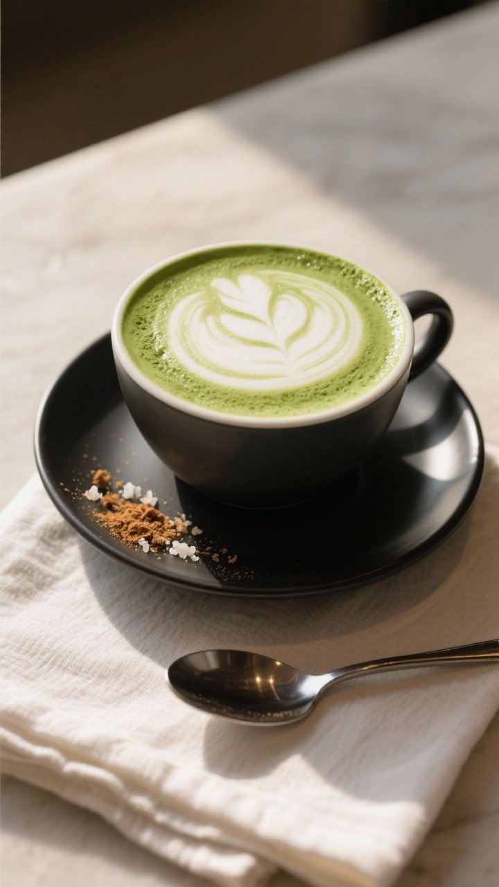 Final dish hero shot: Restaurant-quality hot matcha protein latte poured into a wide cappuccino cup 
