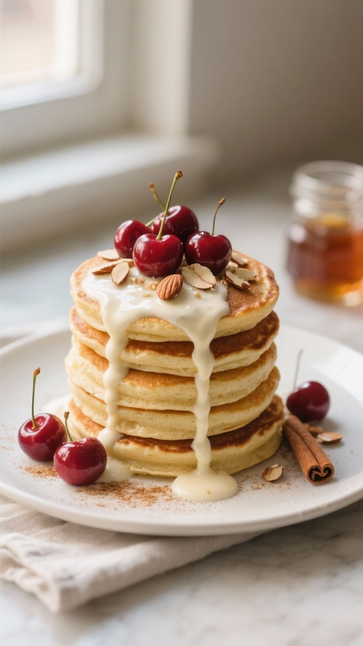 Final dish plated: A tall stack of fluffy cherry vanilla protein pancakes on a matte white plate, ge