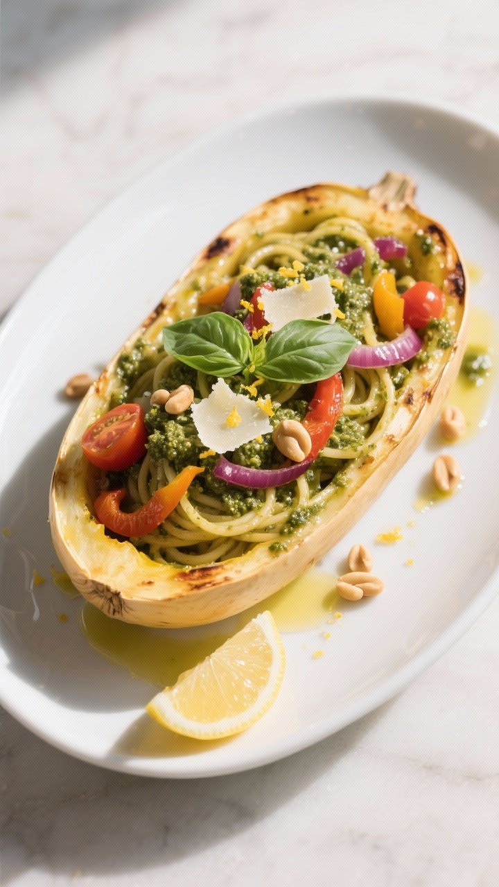 Final dish, plated: Beautifully plated Pesto Roasted Vegetable Spaghetti Squash “boats” served i