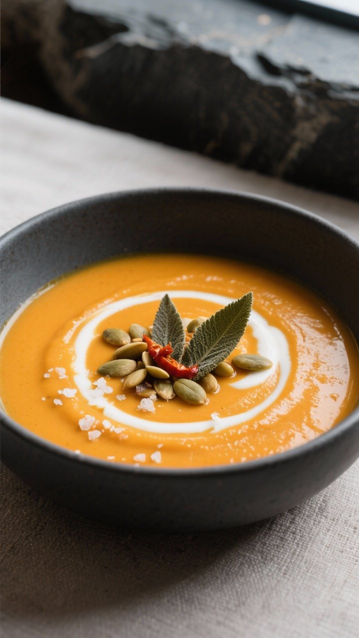 Final dish, plated beauty: Silky roasted butternut squash soup ladled into a matte charcoal bowl, gl
