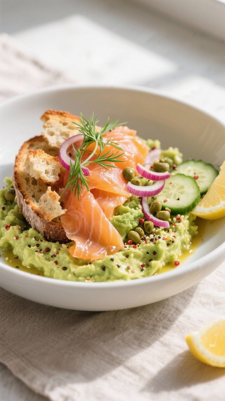 Final dish — Plated bowl glam shot: Beautifully composed Smoked Salmon Avocado Toast Bowl in a mat