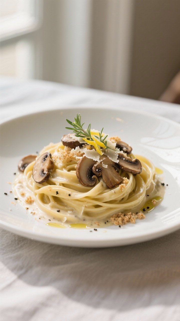 Final dish, plated elegance: Creamy truffle mushroom fettuccine twirled into a glossy nest on a matt