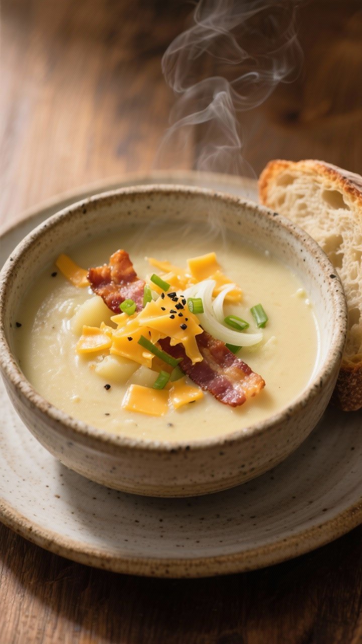 Final dish presentation: A hero shot at a slight 45-degree angle of finished potato soup in a rustic