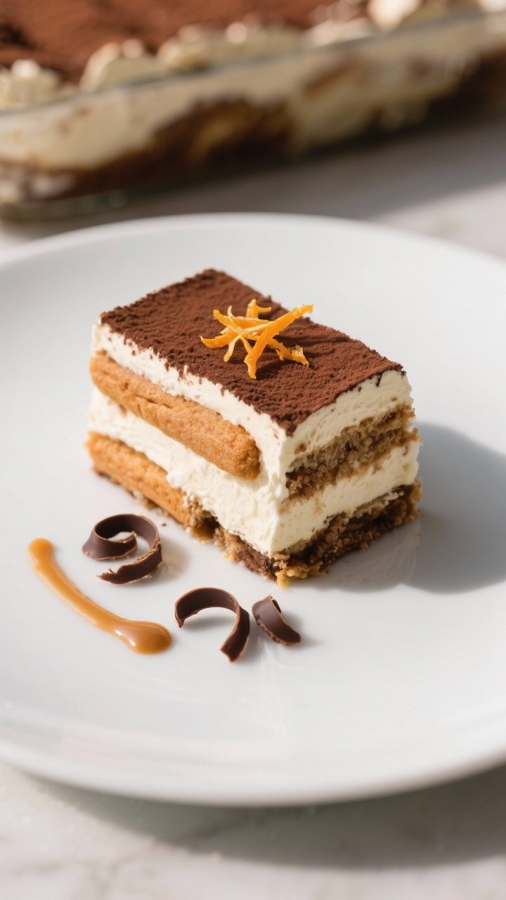 Final dish presentation: A single, clean slice of Pumpkin Spice Tiramisu plated on a matte white des