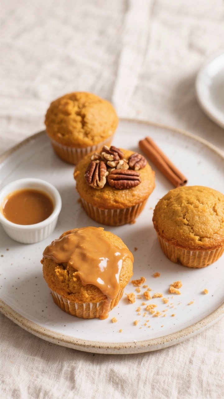 Final dish presentation: A trio of golden pumpkin spice protein muffins on a white stoneware plate, 