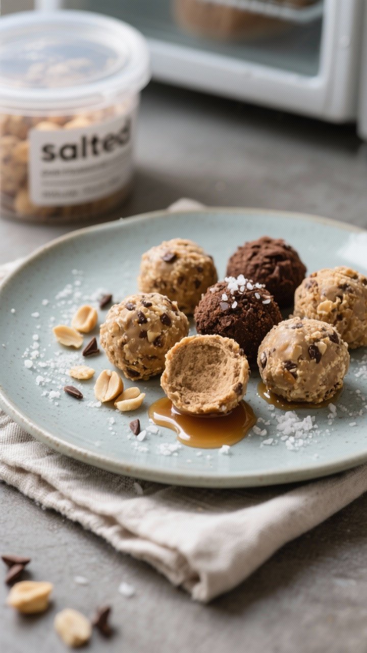 Final dish presentation: Beautifully plated assortment of Cookie Dough Protein Powder Balls on a coo