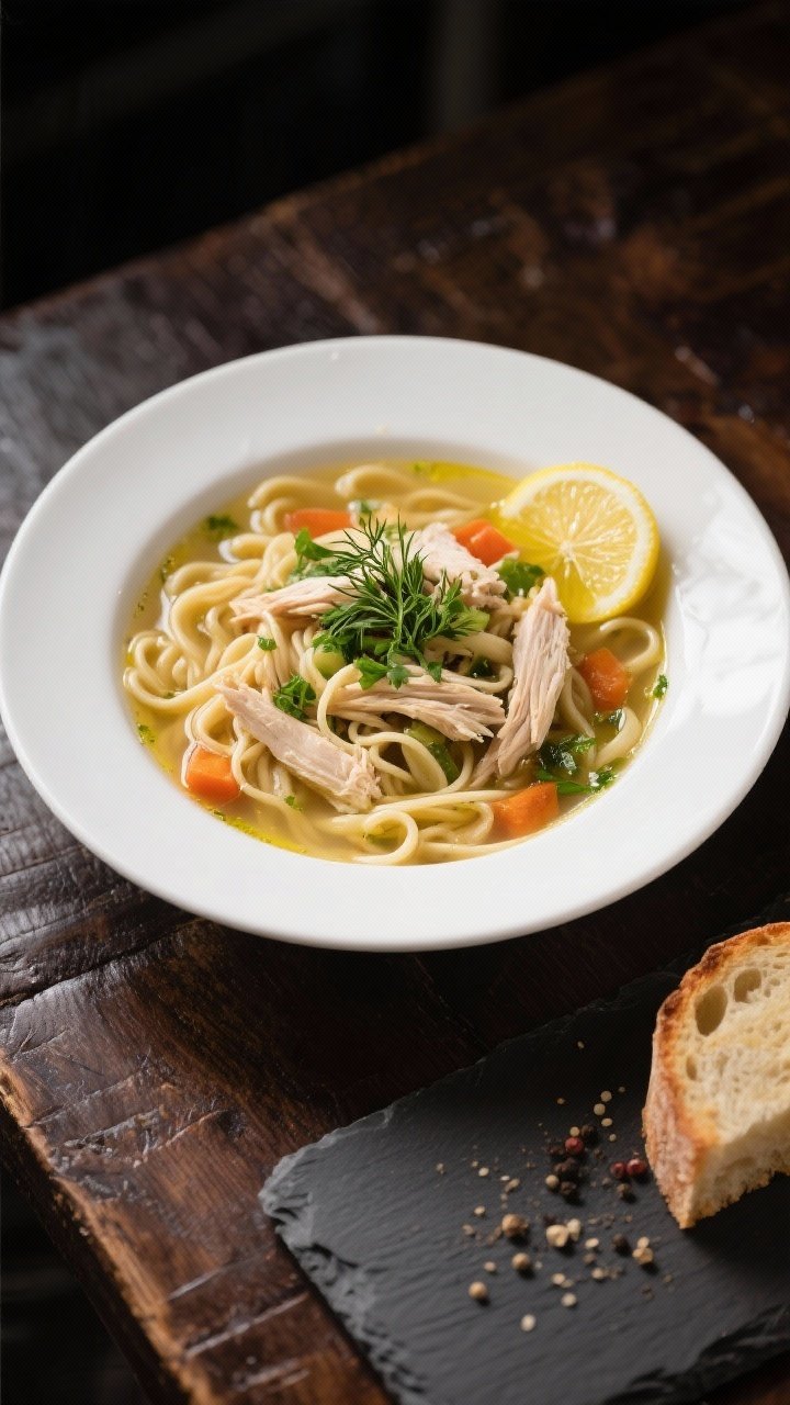Final dish presentation: Beautifully plated chicken noodle soup in a wide, white bowl—plush egg no