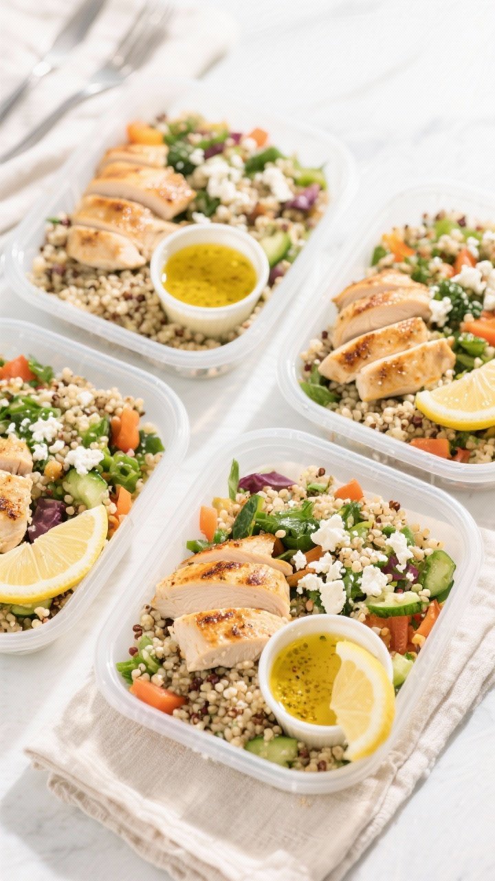 Final dish presentation: Beautifully plated grilled chicken and quinoa salad meal-prep containers—