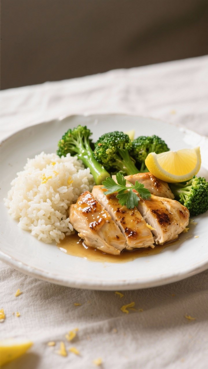 Final dish presentation: Beautifully plated Lemon Garlic Chicken and Broccoli meal prep bowl with a 