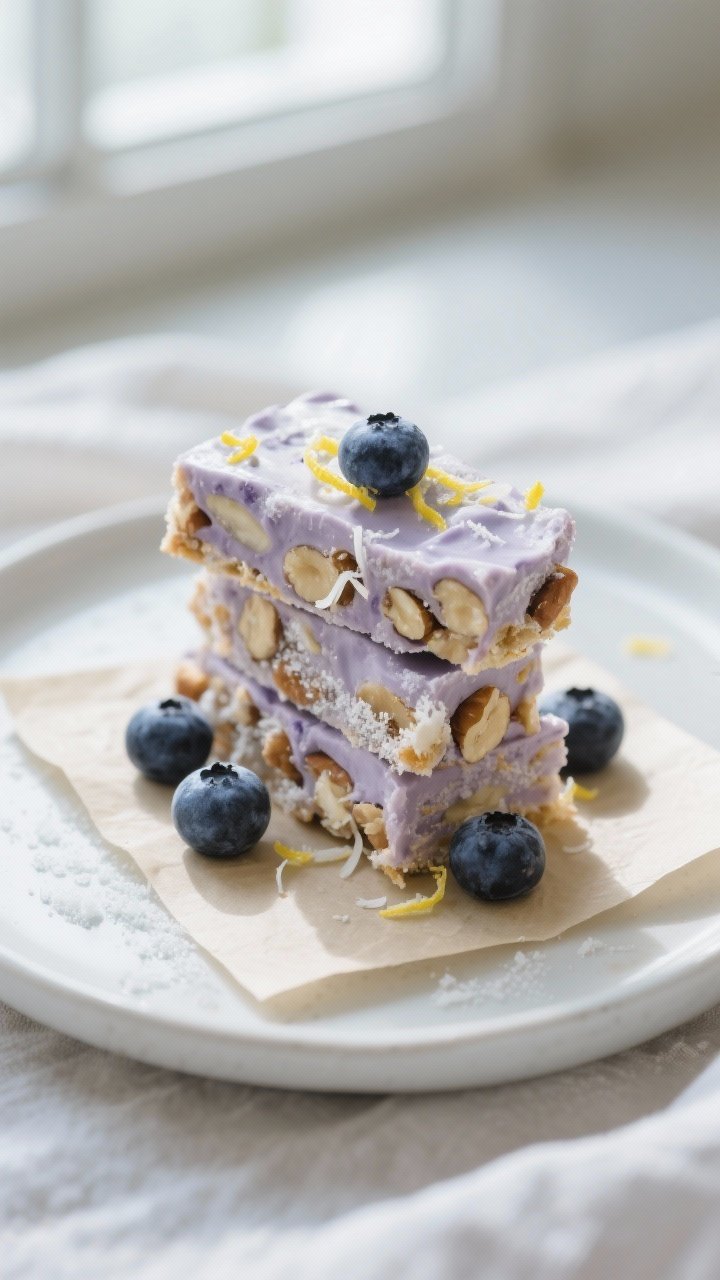 Final dish presentation: Beautifully plated pieces of blueberry frozen yogurt bark stacked on a matt