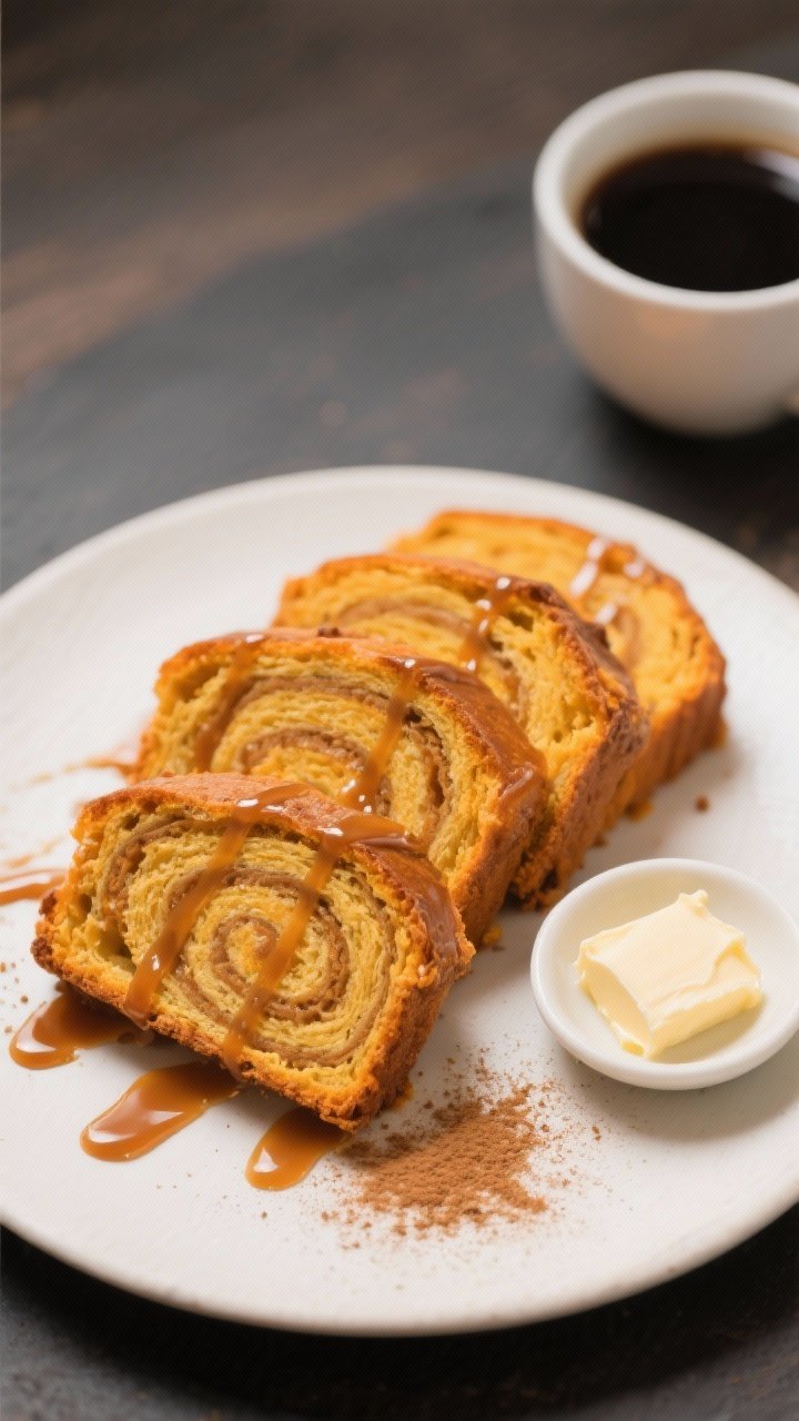 Final dish presentation: Beautifully plated pumpkin bread slices fanned on a matte white plate, driz