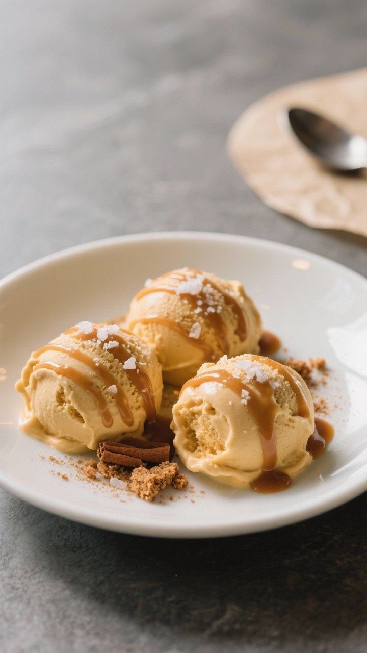 Final dish presentation: Beautifully plated scoops of pumpkin ice cream (3 quenelles) in a shallow w