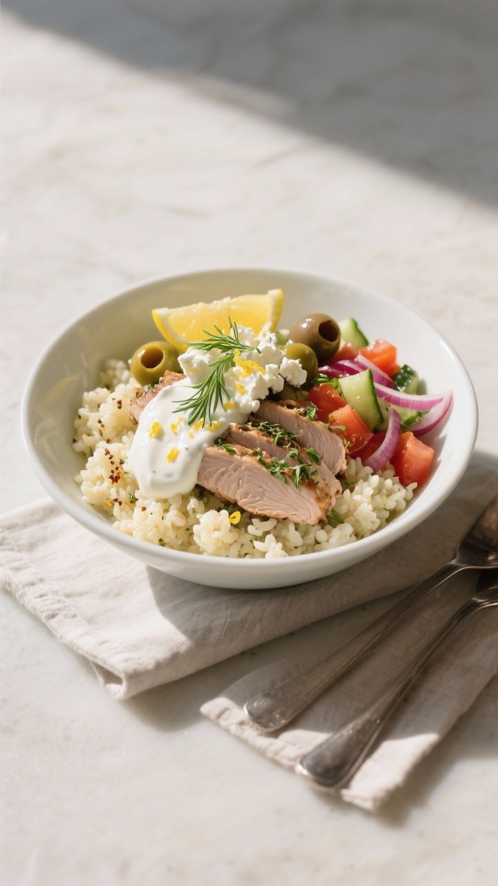 Final dish presentation: Beautifully plated single Greek Turkey Bowl in a wide shallow white bowl—