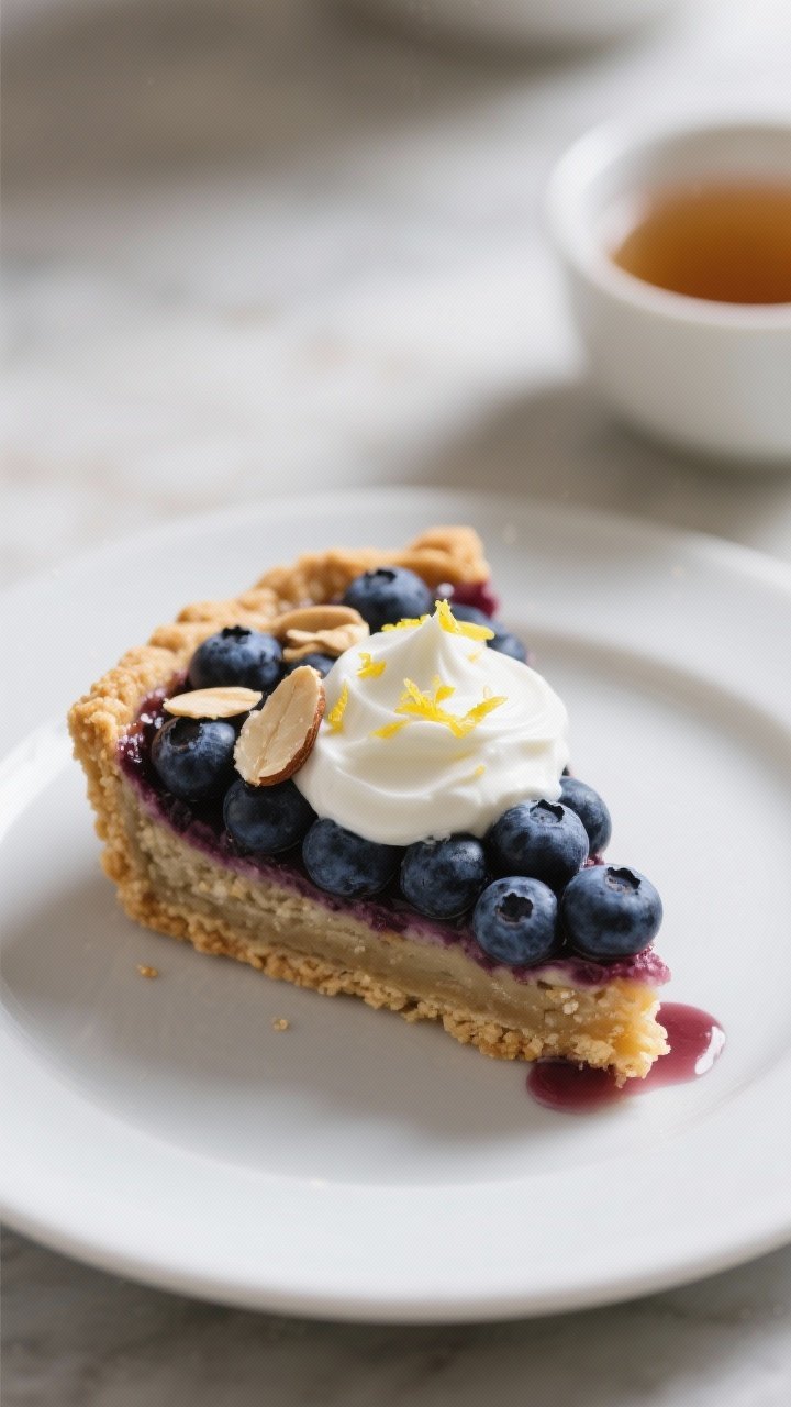 Final dish presentation: Beautifully plated slice of Healthy Blueberry Tart with Oat Crust on a matt