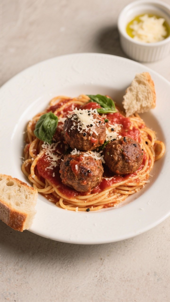Final dish presentation: Beautifully plated spaghetti and slow-cooker meatballs twirled into a nest