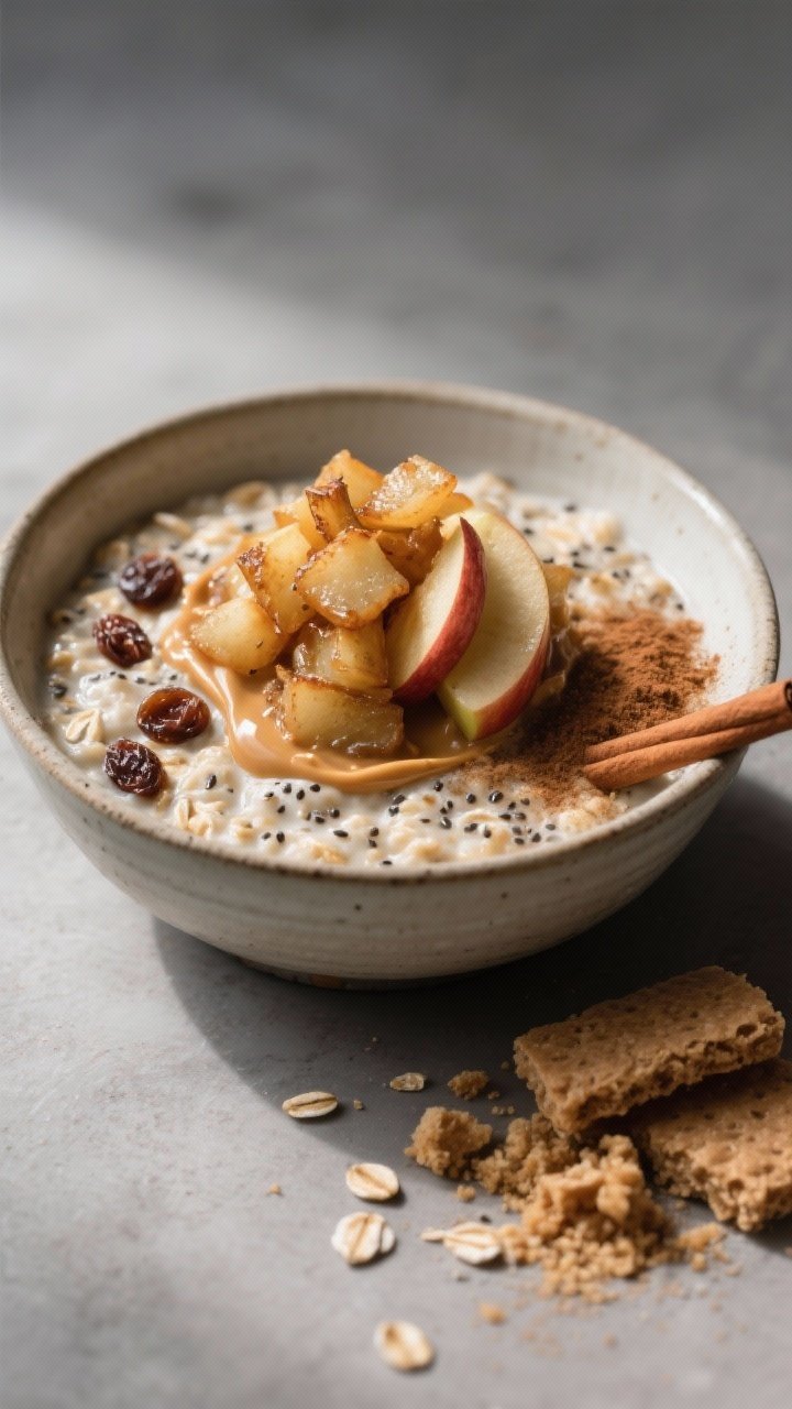 Final dish presentation, beauty shot: Restaurant-quality presentation of Apple Pie Overnight Oats se