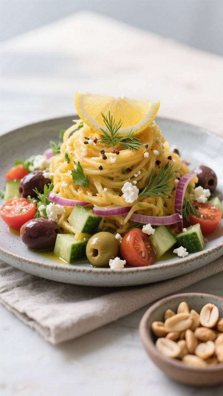 Final dish presentation: Bistro-style plated power bowl with the Greek Spaghetti Squash Salad mounde