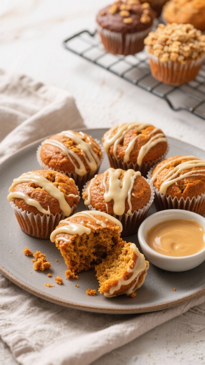 Final dish presentation: Café-style platter of finished pumpkin spice muffins with a delicate vanil