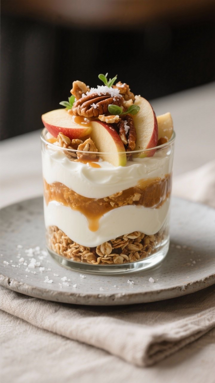 Final dish presentation: Caramelized Apple Yogurt Parfait layered in a clear glass, ribbons of silky