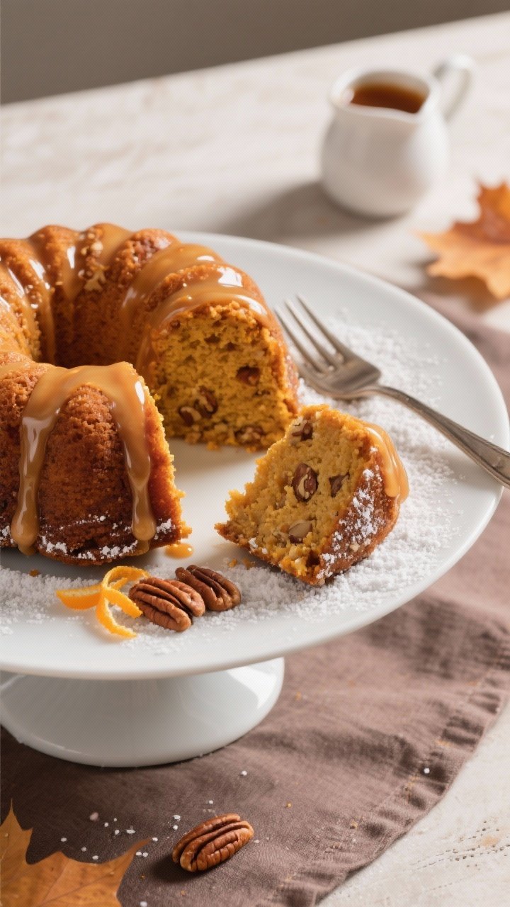 Final dish presentation: Elegant top-down tablescape of the fully glazed Pumpkin Bundt Cake on a whi