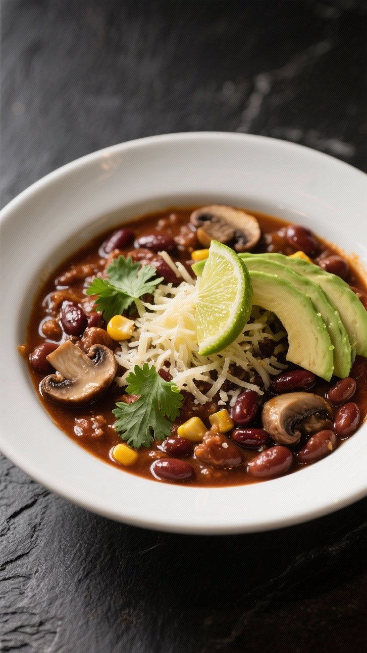 Final dish presentation: Restaurant-quality bowl of chili plated in a wide white shallow bowl, showc