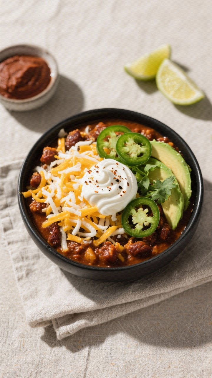 Final dish presentation: Restaurant-quality bowl of low-carb keto chili, overhead hero shot; topped 