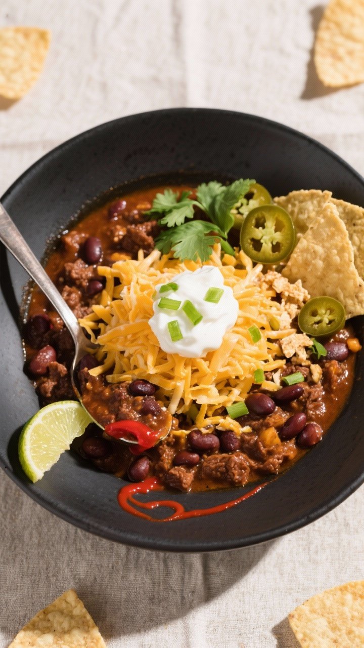 Final dish presentation: Restaurant-quality bowl of finished chili styled for game day—of a genero
