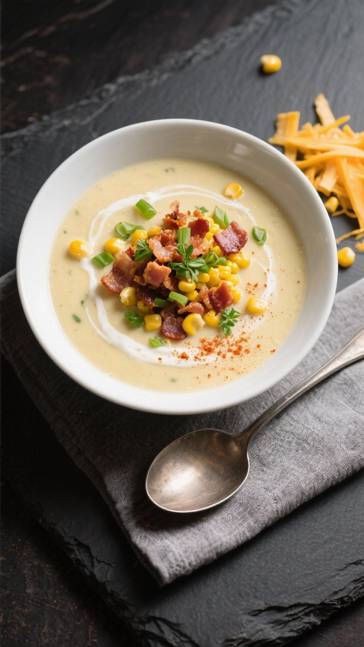 Final dish presentation: Restaurant-quality bowl of Creamy Corn Chowder garnished with a generous sp