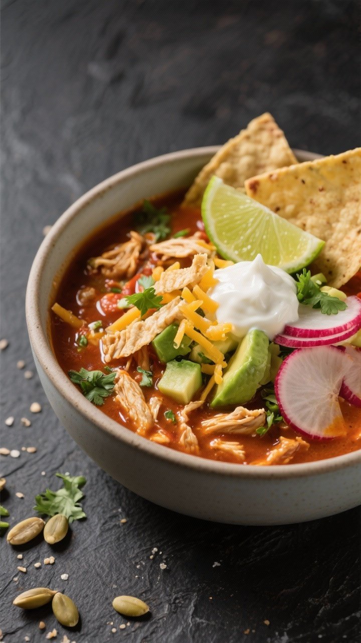 Final dish presentation: Restaurant-quality bowl of Spicy Chicken Tortilla Soup plated and ready to 
