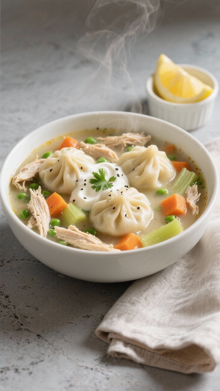 Final dish presentation: Restaurant-quality bowl of Instant Pot chicken and dumpling soup served in 