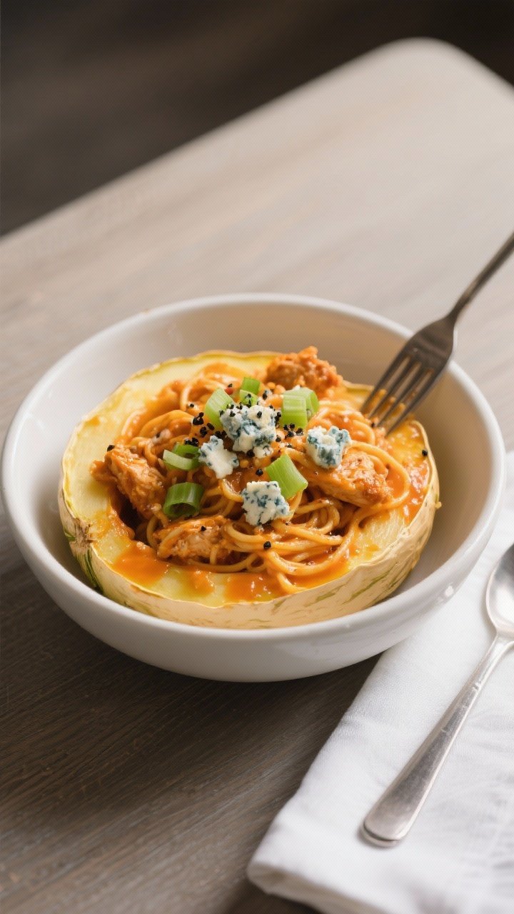 Final dish presentation: Restaurant-quality bowl of fork-twirled Buffalo chicken spaghetti squash (r