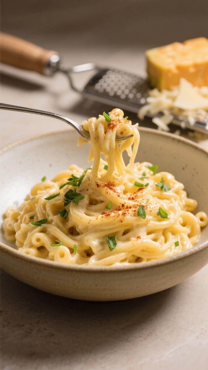 Final dish presentation: Restaurant-quality bowl of Spaghetti Squash Mac and Cheese served in a wide