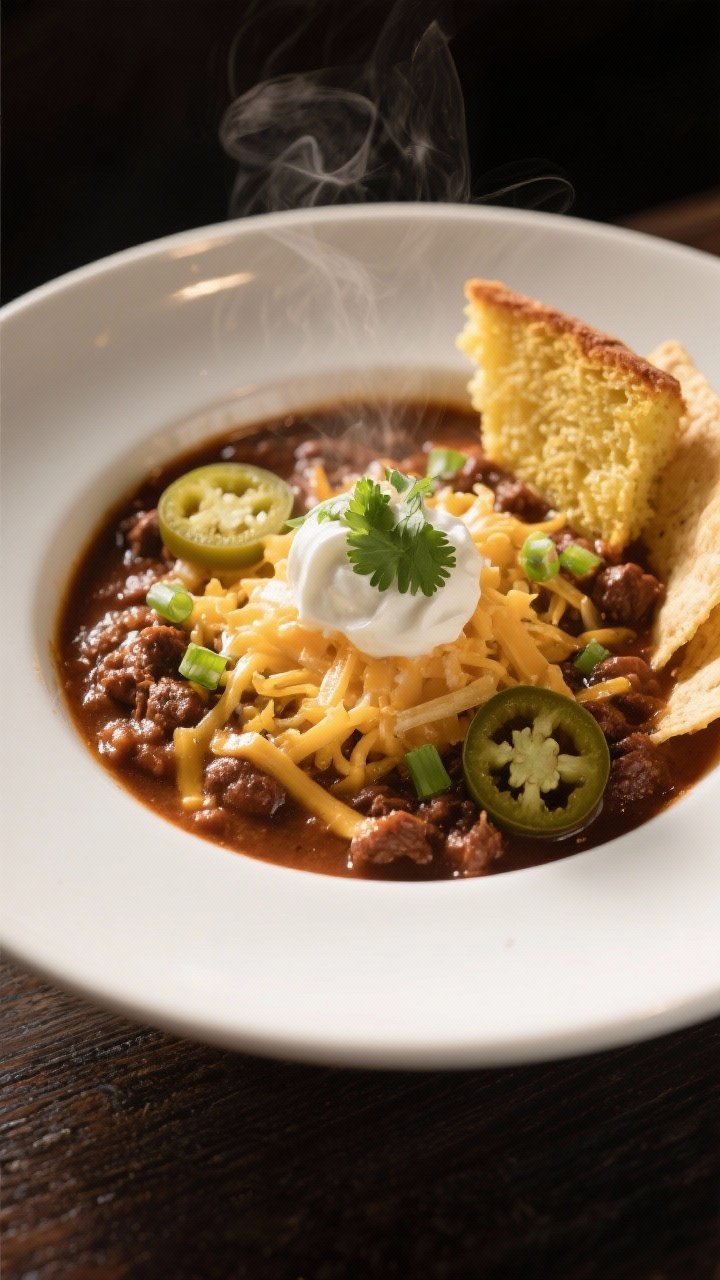 Final dish presentation: Restaurant-quality bowl of classic beef chili plated in a wide, white ceram