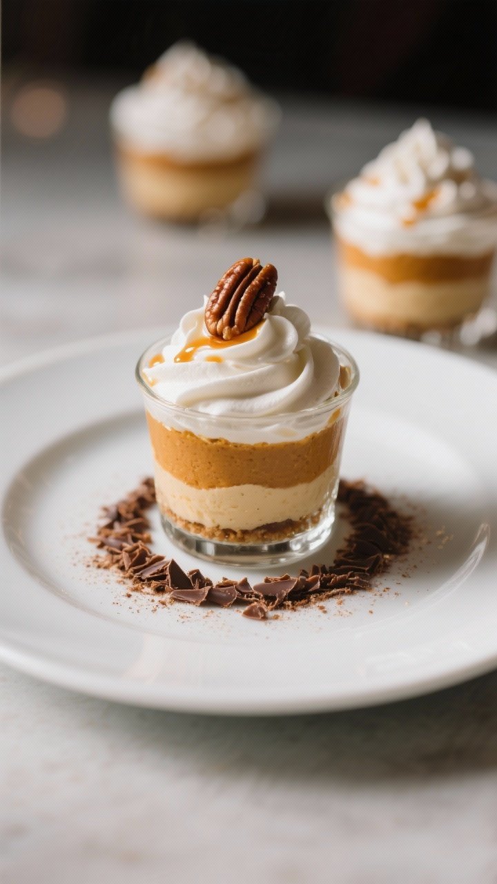 Final dish presentation: Restaurant-quality hero shot of a single Pumpkin Pie Cup centered on a matt