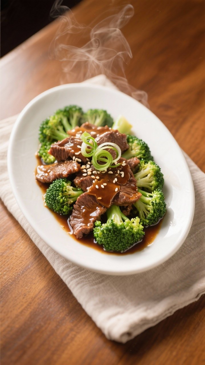 Final dish presentation: Restaurant-quality plate-up of Chinese Beef and Broccoli without rice on a 